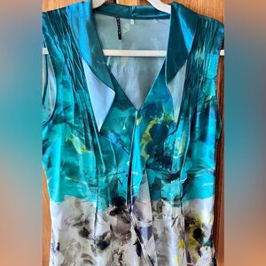 Sleeveless Teal Abstract Floral Silk Elie Tahari Women's Top
